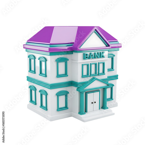 Cartoon representation of a bank building, featuring a vibrant purple roof and teal accents.