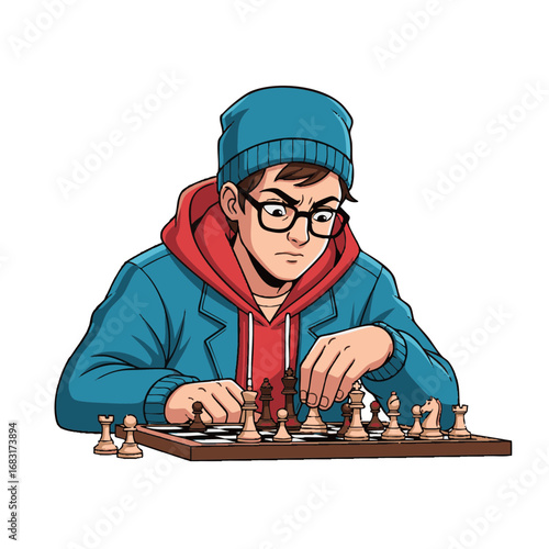 Intelligent young man wearing glasses and a beanie, deeply focused on making a strategic move during a competitive game of chess