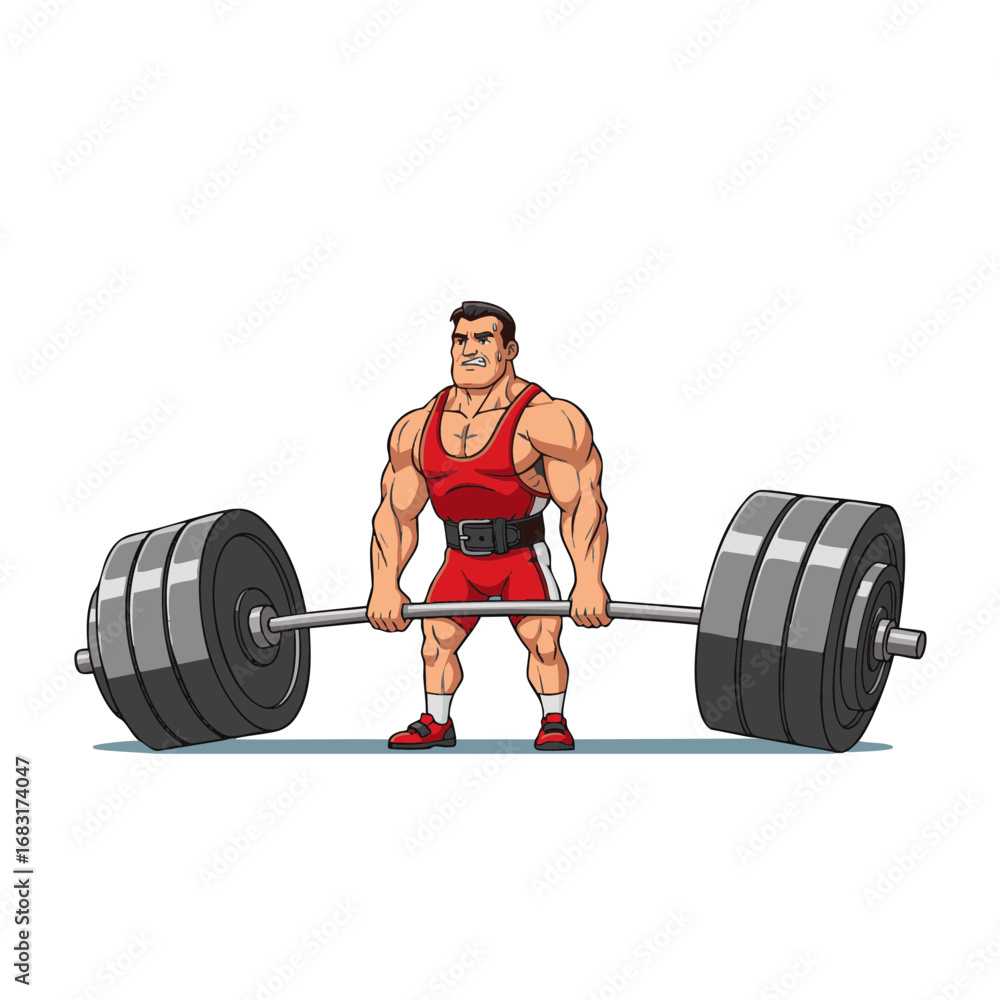 Fototapeta premium Powerful cartoon weightlifter character preparing for a heavy deadlift, a vector illustration concept of strength, bodybuilding, and fitness