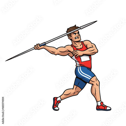Vector illustration of a powerful male athlete in sportswear competing in the javelin throw event at a track and field championship