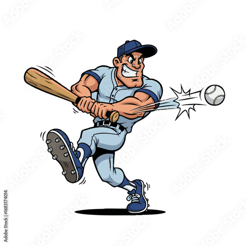 Powerful cartoon baseball batter in mid-swing, an action-packed vector illustration of a homerun hit for a sports mascot