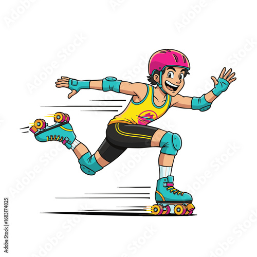 Energetic cartoon illustration of a cheerful person on roller skates, speeding forward with a smile while wearing full protective gear