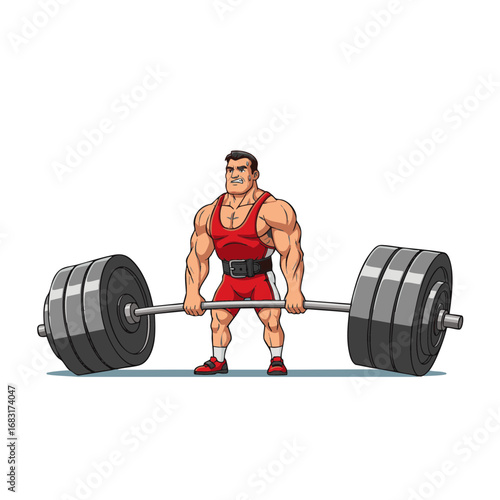 Powerful cartoon weightlifter character preparing for a heavy deadlift, a vector illustration concept of strength, bodybuilding, and fitness