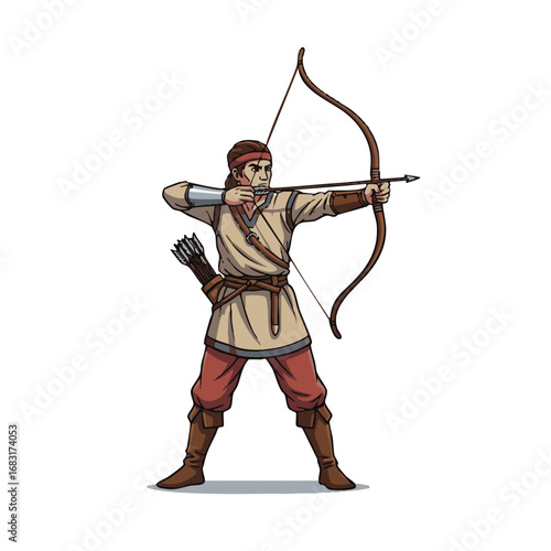 A skilled male archer in historical attire, drawing a longbow with focused precision, isolated on a white background
