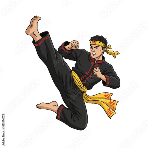 Dynamic illustration of an Asian martial artist executing a powerful flying kick, showcasing strength and agility