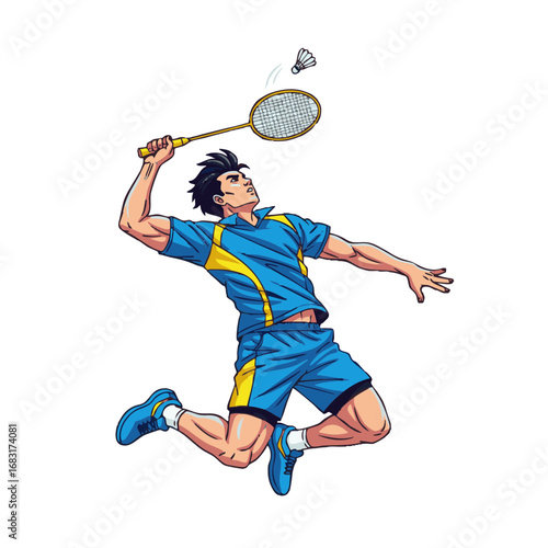Energetic illustration of a male badminton player in mid-air, executing a powerful jump smash shot against a white background