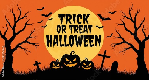 Trick or Treat Halloween Spooky Pumpkins and a Full Moon Silhouette Graphic
