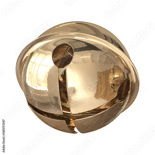 Close-up of a shiny golden jingle bell, isolated on a white background, reflecting light beautifully.