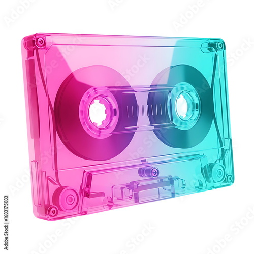 A vibrant, translucent, pink-and-teal audio cassette, showcasing a gradient color effect.