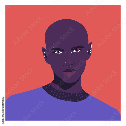 Vector portrait of a bald African man with multiple facial piercings: eyebrow piercings, nose ring, septum and ear piercings. Alternative fashion and body modification. Flat style illustration
