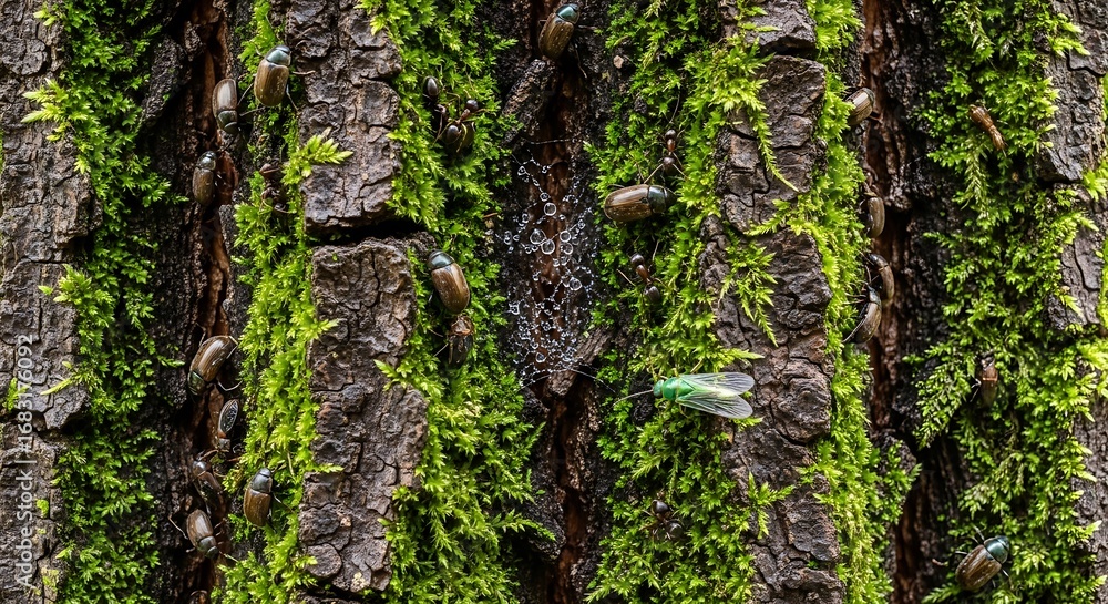 Obraz premium Beetles, ants and fly climbing a tree bark in a forest landscape