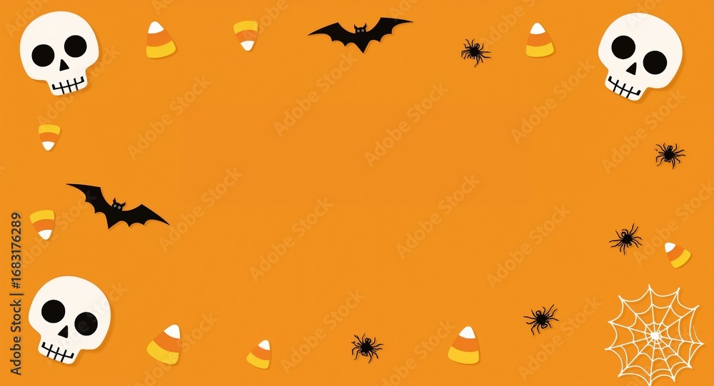 Naklejka premium Spooky Halloween Decorations Frame with Skulls, Bats, Spiders, and Candy Corn on Orange Background