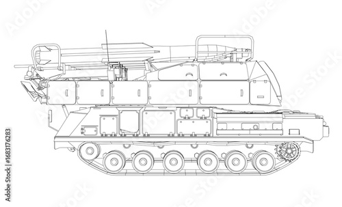 Battle Tank blueprint with intricate details, including tracks, turret, and rocket launcher contour.