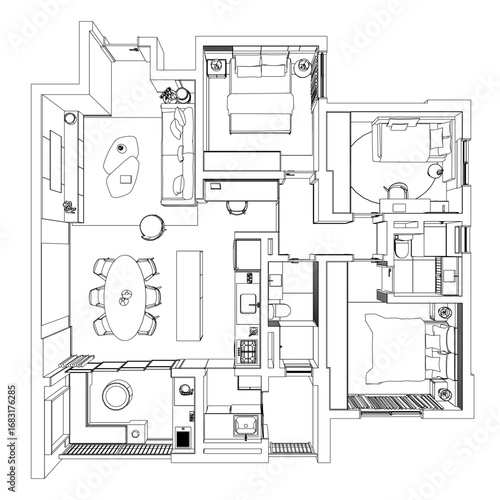Two-bedroom apartment floor plan with detailed kitchen and living room layout, designed for space efficiency and comfortable living. Top view