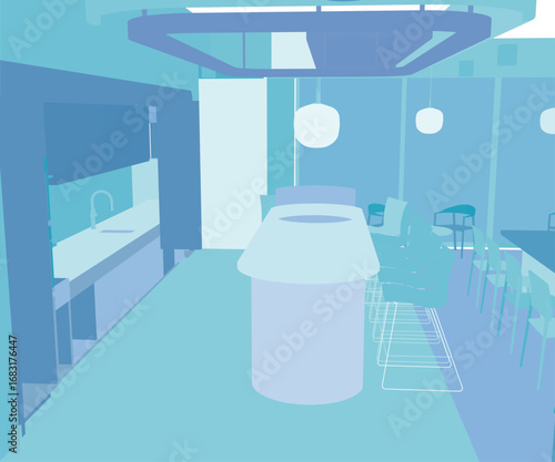 Animated kitchen area with table and chairs under hanging lights, featuring a platform with sink and tap on the left side.