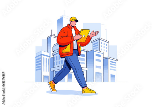 A delivery person, navigating a modern cityscape, holding a tablet in hand, ready for work