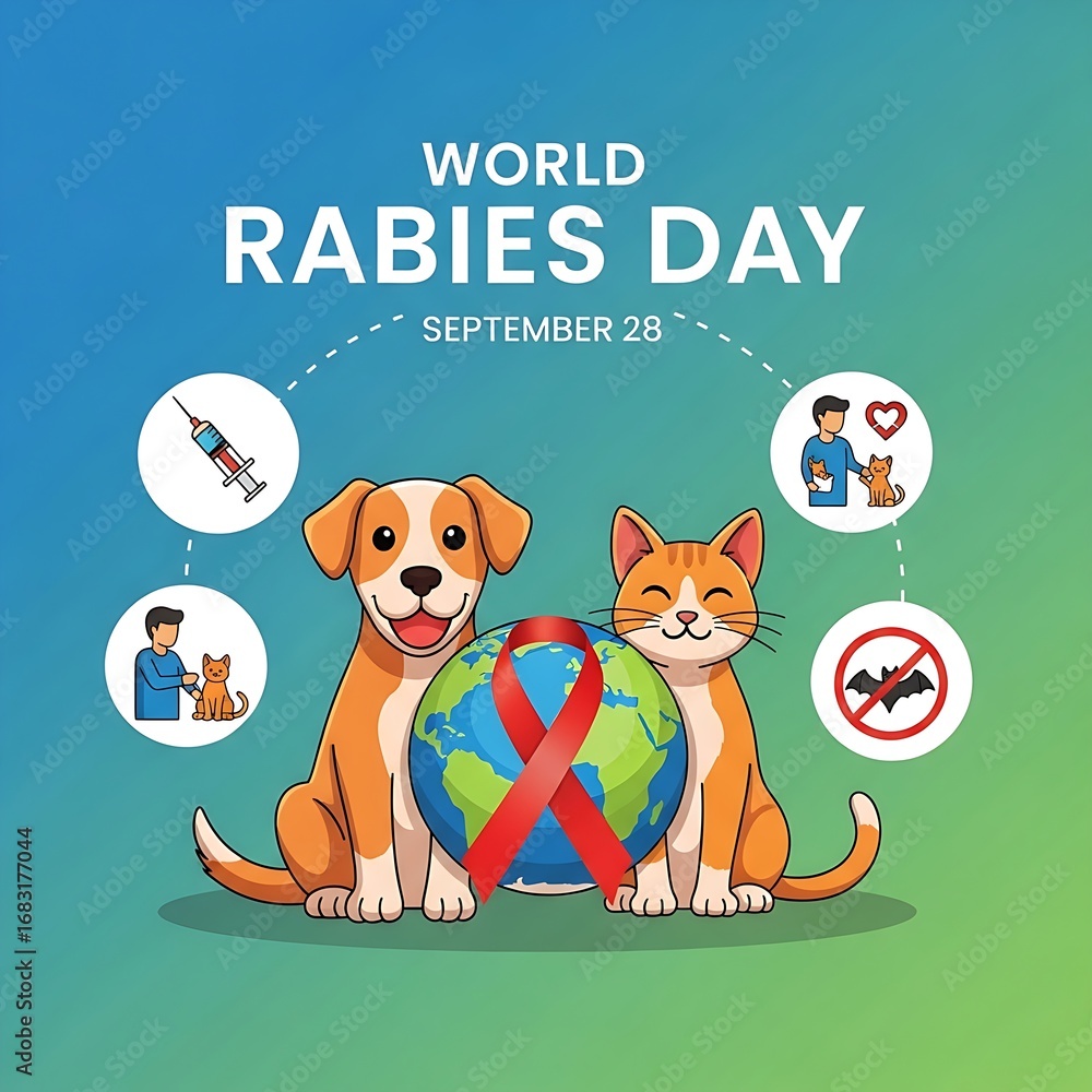 Fototapeta premium World rabies day awareness with dog cat and globe illustration