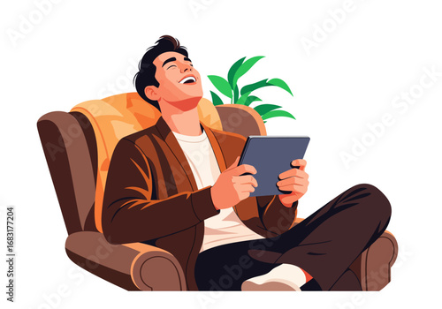 A joyful man sitting on the chair and holding a tablet