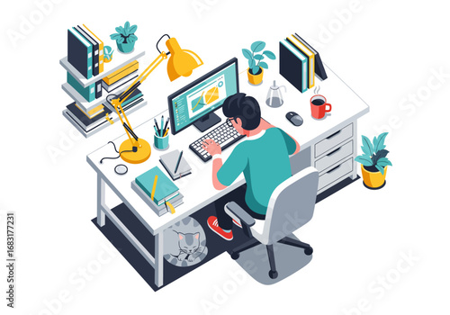 A person working diligently at a well-organized desk, surrounded by study materials and office supplies