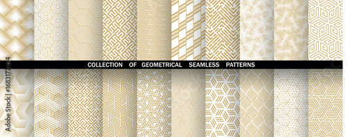 Geometric set of seamless golden and white patterns. Simple vector graphics