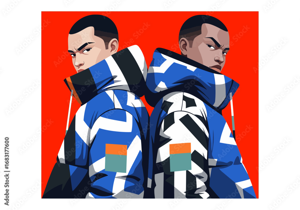 Fototapeta premium Two men wearing stylish jackets, with a red background