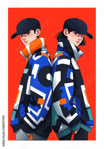 Two stylish figures stand back to back, showcasing trendy fashion. The image has a vivid pop art style, with bold colors and graphic designs