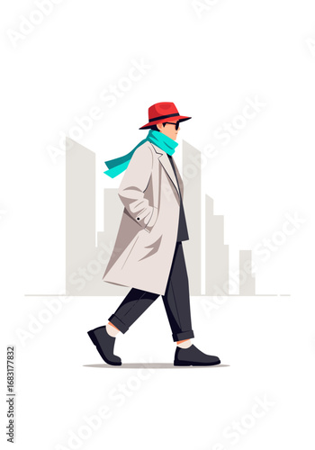 An stylish person with long coat, hat and scarf walking in the street. The person is dressed in fashionable attire, creating a modern urban atmosphere. The background feature a building