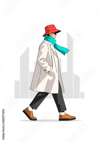 An illustration of a person walking in an urban setting with a stylish outfit. He is wearing a hat and scarf. This image is perfect for fashion and lifestyle related content.
