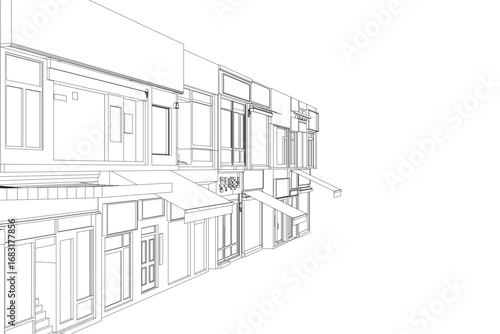 A row of Asian townhouses with distinct architectural details, including windows, doors, and shop fronts, drawn in clean contour lines on a white background.