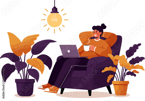 A person working on laptop while resting on a comfortable chair and sipping coffee, creating a cozy home environment, with plants and the light bulb