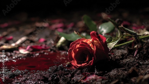 A wilted rose in dark soil, covered in crimson
