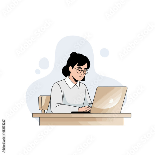 A woman working at a laptop, deep in concentration. The scene evokes a sense of focus and productivity. 