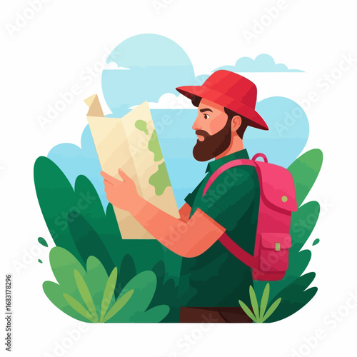An adventurer studying the map amidst the scenic nature. The man, equipped with a backpack and hat, is engrossed in navigation while standing near green bushes