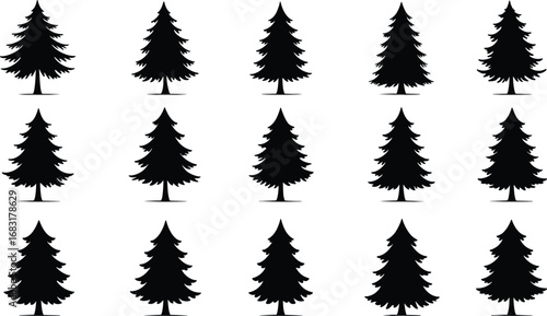 Collection of pine tree silhouette vector illustrations in black for nature, forest design, outdoor scenes, seasonal artwork, and landscapes.
