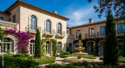 Elegant Tuscan villa with ornate fountain and vibrant bougainvillea blooms on a sunny day