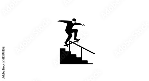 A man on a skateboard rides along a railing