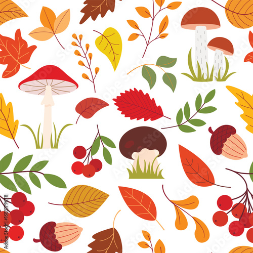 Autumn seamless background with leaves, mushrooms, berries and acorns. Seamless forest pattern. Natural seasonal fall print, vector graphics