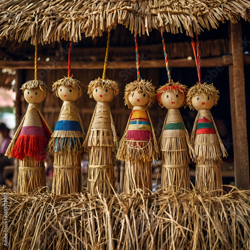 Straw Dolls at Village Fair Stall with Rustic Handmade Crafts and Cultural Heritage Atmosphere