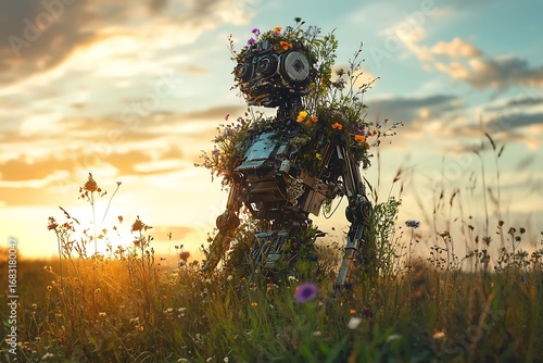 An abandoned robot slowly overtaken by wildflowers in a quiet field