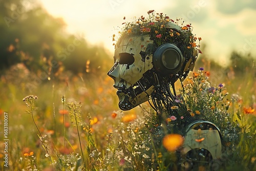 A damaged robot covered by blooming wildflowers lying still in the grass
