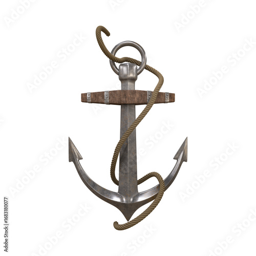 A detailed 3D rendering of a vintage anchor with rope.