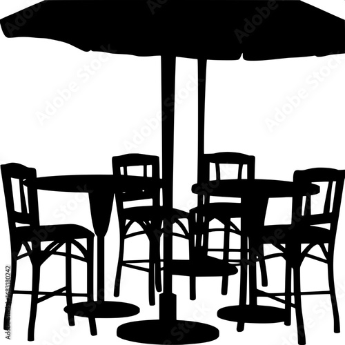 "Black silhouette collection of café-style chairs and round tables arranged for a small bistro."
