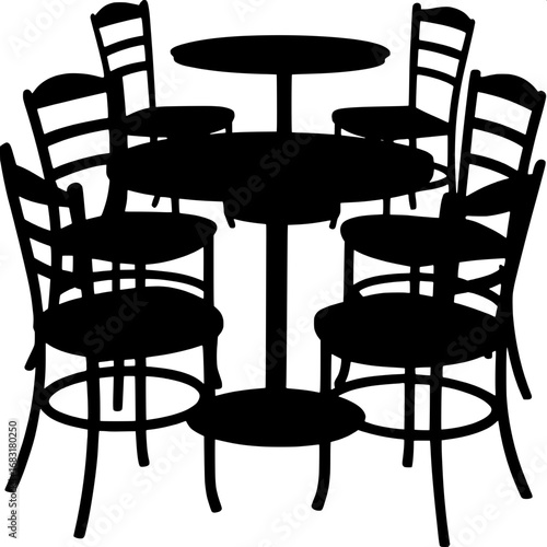 "Black silhouette collection of café-style chairs and round tables arranged for a small bistro."