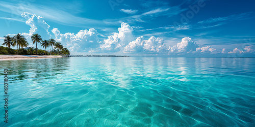 Tropical summer sky over Caribbean sea, vivid turquoise and deep blue tones, soft white clouds, thin horizon line of palm silhouettes, peaceful and vibrant atmosphere