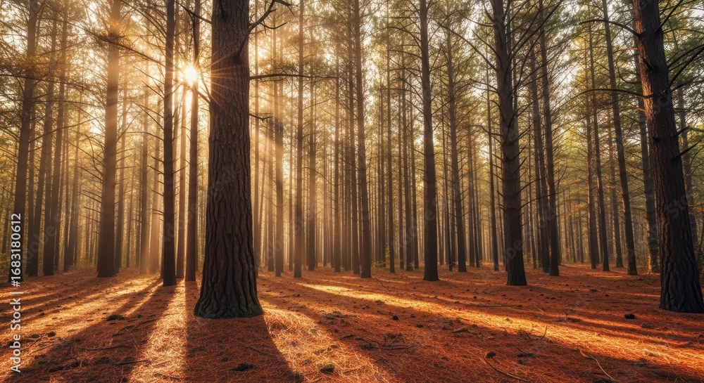Fototapeta premium Sunlight streaming through pine forest trees during autumn
