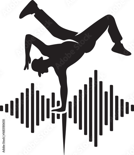 Breakdancer silhouette performing a power move on an equalizer isolated on white background