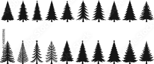 Collection of Pine Tree Silhouettes with Christmas Star Icons for Holiday, Forest, Winter, Nature, and Seasonal Vector Design Projects
