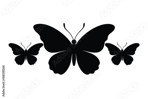 This image features three stylized black silhouettes of butterflies against a pure white background.