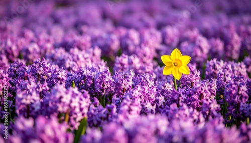 Single yellow daffodil amidst a field of purple hyacinths