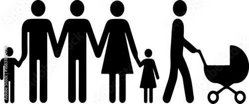 Diverse family group holding hands with baby stroller silhouette